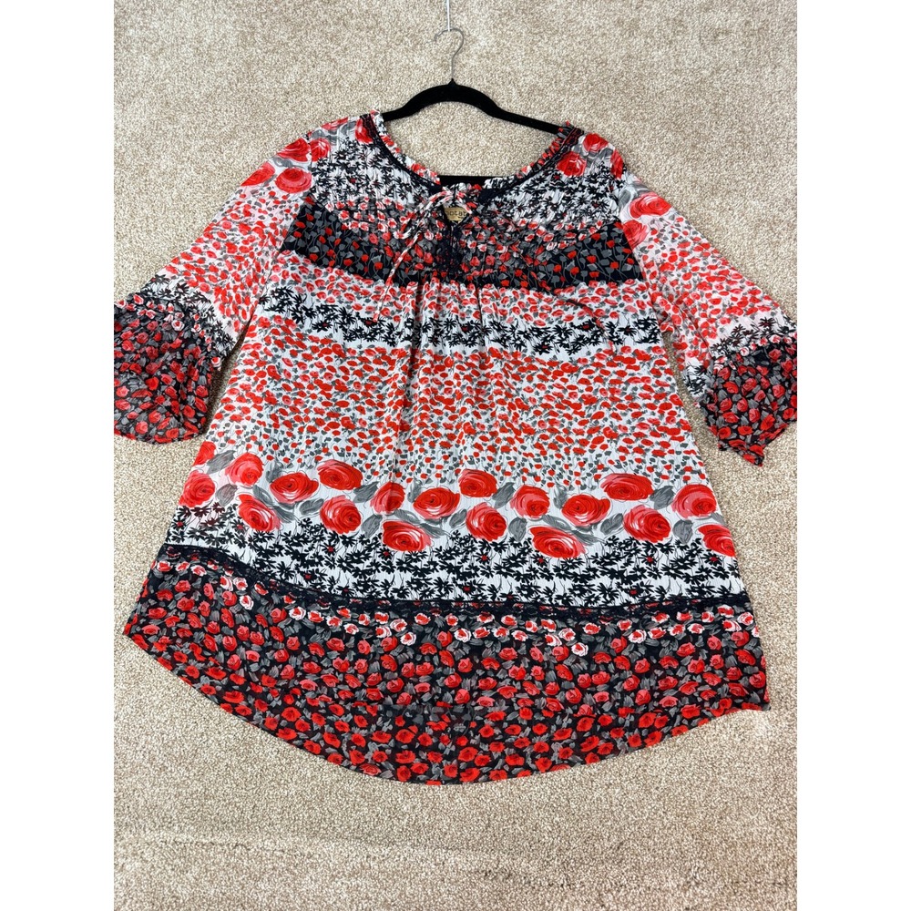 Notations Woman Red Floral Rose‎ Tunic Top Plus XXL Boho Cottage 2X Ruffle Lace